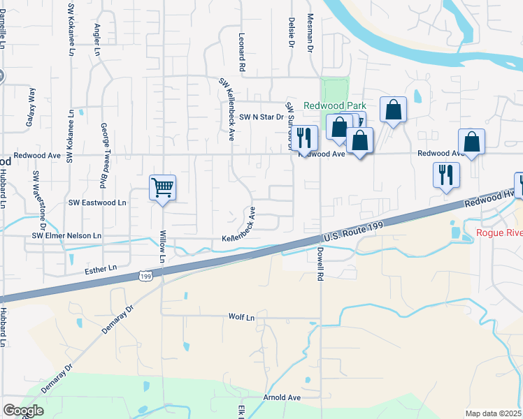 map of restaurants, bars, coffee shops, grocery stores, and more near 2176 Southwest Nick Way in Grants Pass