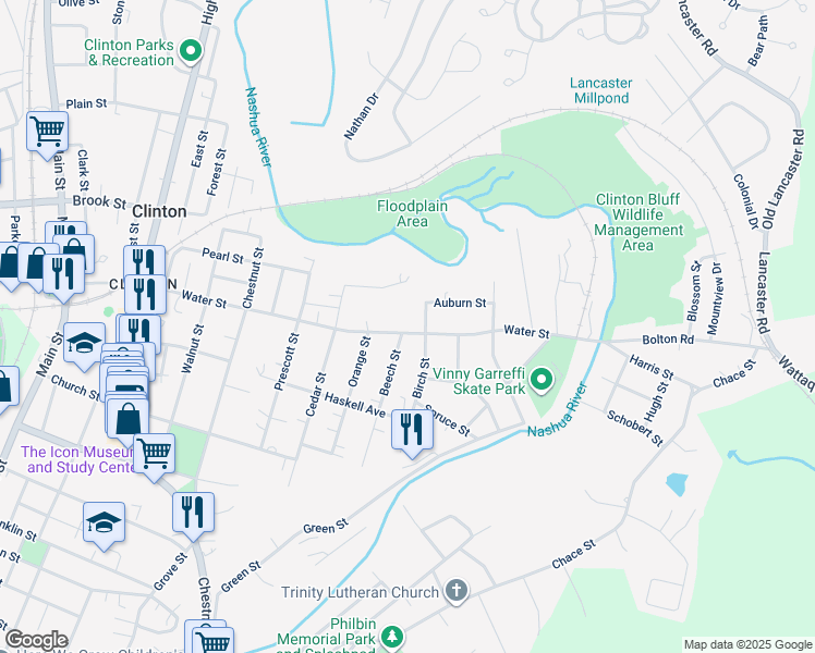map of restaurants, bars, coffee shops, grocery stores, and more near 316 Water Street in Clinton