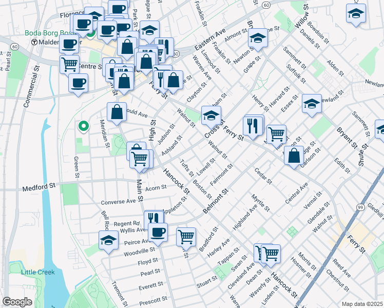 map of restaurants, bars, coffee shops, grocery stores, and more near 11 Pratt Street in Malden