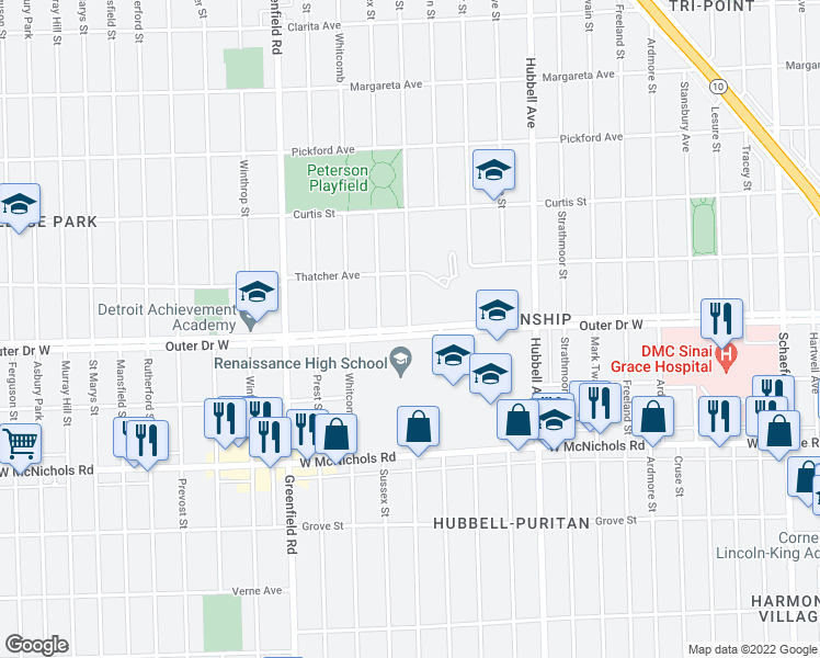 map of restaurants, bars, coffee shops, grocery stores, and more near Outer Drive West in Detroit