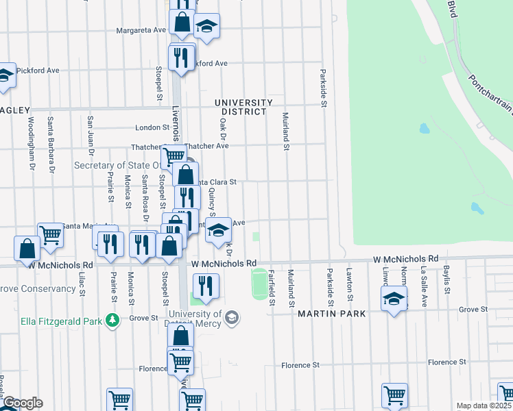 map of restaurants, bars, coffee shops, grocery stores, and more near 17353 Belden Street in Detroit