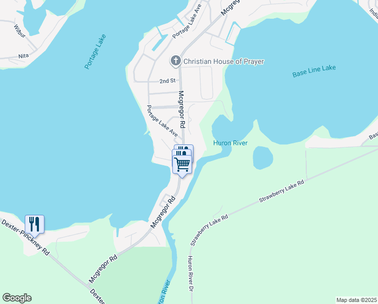 map of restaurants, bars, coffee shops, grocery stores, and more near 9450 Mcgregor Road in Pinckney