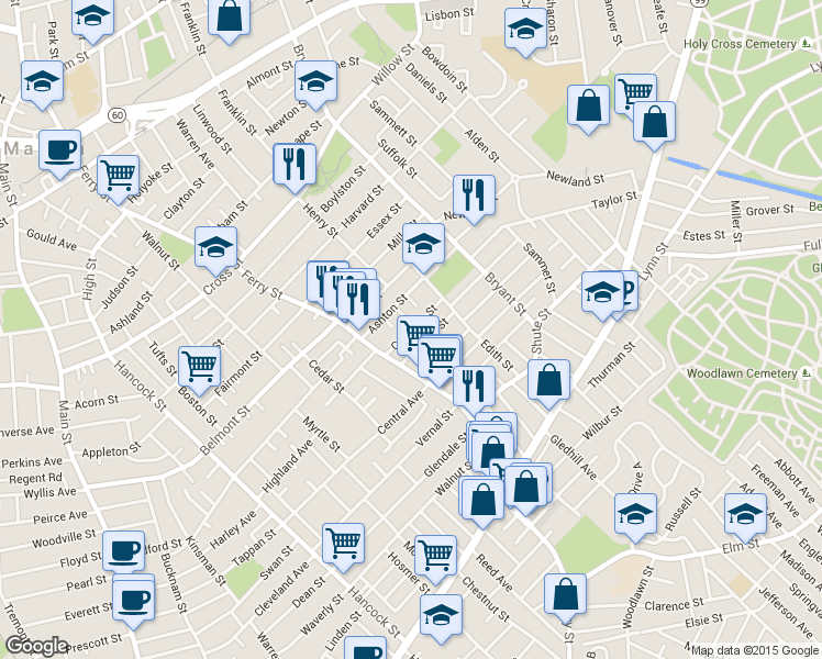 map of restaurants, bars, coffee shops, grocery stores, and more near 30 Coolidge St in Everett