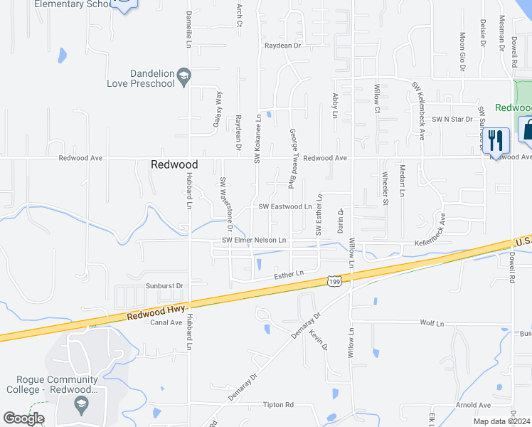 map of restaurants, bars, coffee shops, grocery stores, and more near 1574 Southwest Yucca Drive in Grants Pass