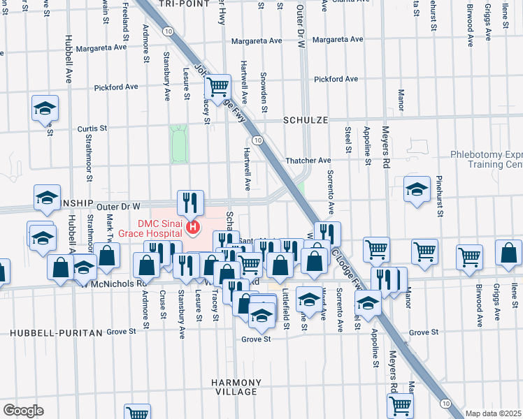 map of restaurants, bars, coffee shops, grocery stores, and more near 5835 Outer Drive West in Detroit