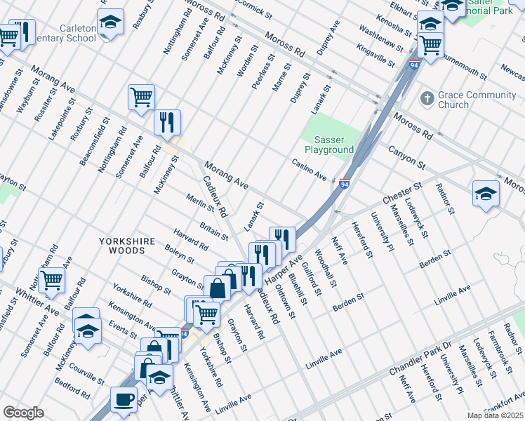 map of restaurants, bars, coffee shops, grocery stores, and more near 9240 Woodhall Street in Detroit