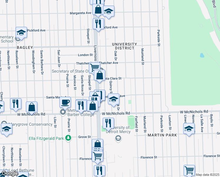 map of restaurants, bars, coffee shops, grocery stores, and more near 17357 Quincy Street in Detroit