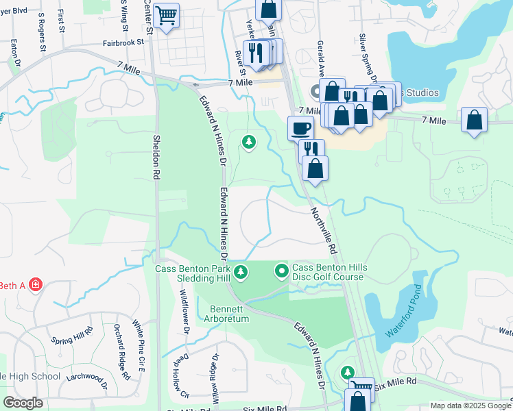map of restaurants, bars, coffee shops, grocery stores, and more near 18696 Jamestown Circle in Northville