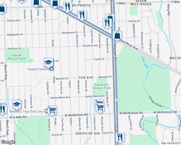 map of restaurants, bars, coffee shops, grocery stores, and more near 17639 Lenore Avenue in Detroit