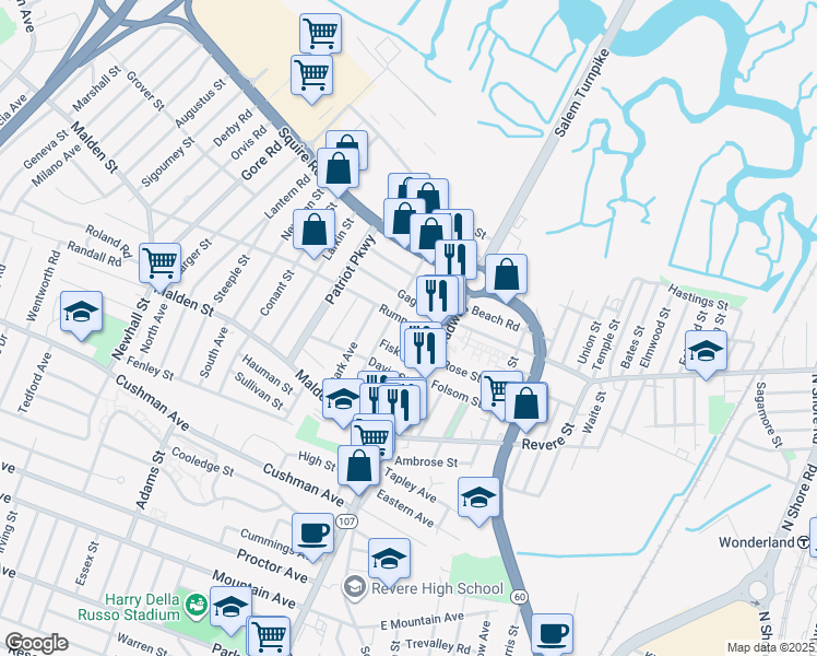 map of restaurants, bars, coffee shops, grocery stores, and more near 32 Rumney Road in Revere