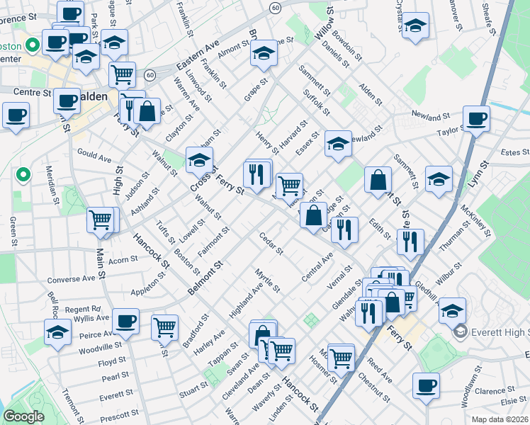 map of restaurants, bars, coffee shops, grocery stores, and more near 475-481 Ferry Street in Malden