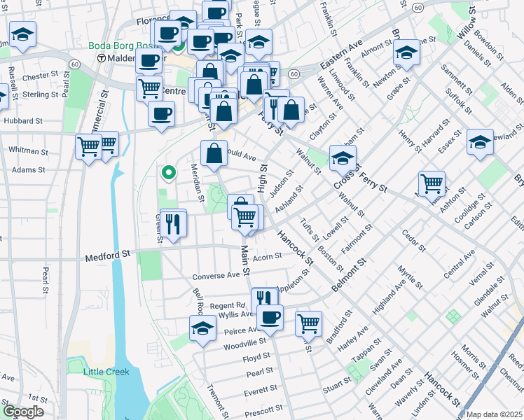 map of restaurants, bars, coffee shops, grocery stores, and more near 108 High Street in Malden