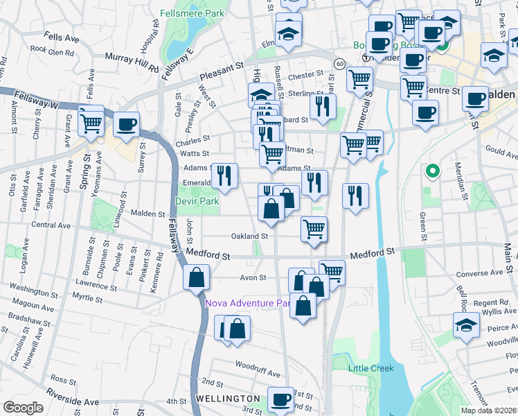 map of restaurants, bars, coffee shops, grocery stores, and more near 10 School Street in Malden