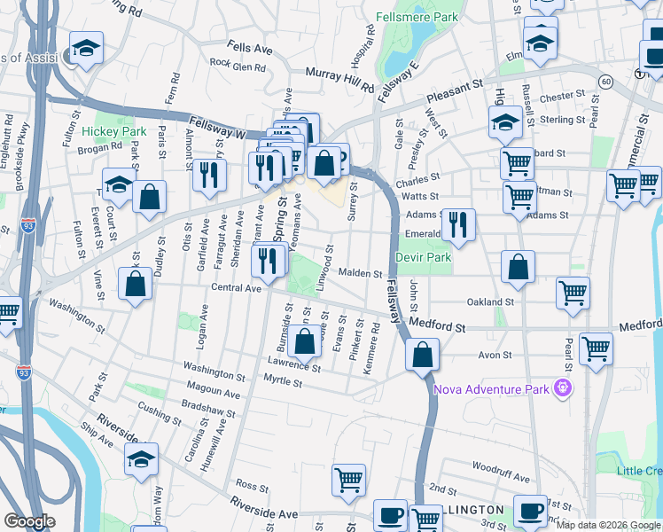 map of restaurants, bars, coffee shops, grocery stores, and more near 44 Linwood Street in Medford