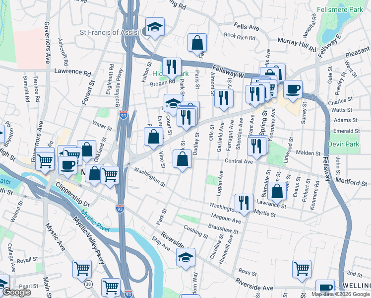 map of restaurants, bars, coffee shops, grocery stores, and more near 167 Park Street in Medford