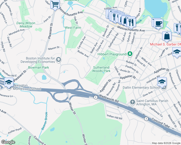 map of restaurants, bars, coffee shops, grocery stores, and more near 45 Peacock Farm Road in Lexington
