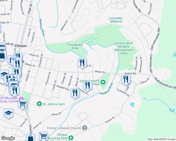 map of restaurants, bars, coffee shops, grocery stores, and more near 404 Water Street in Clinton