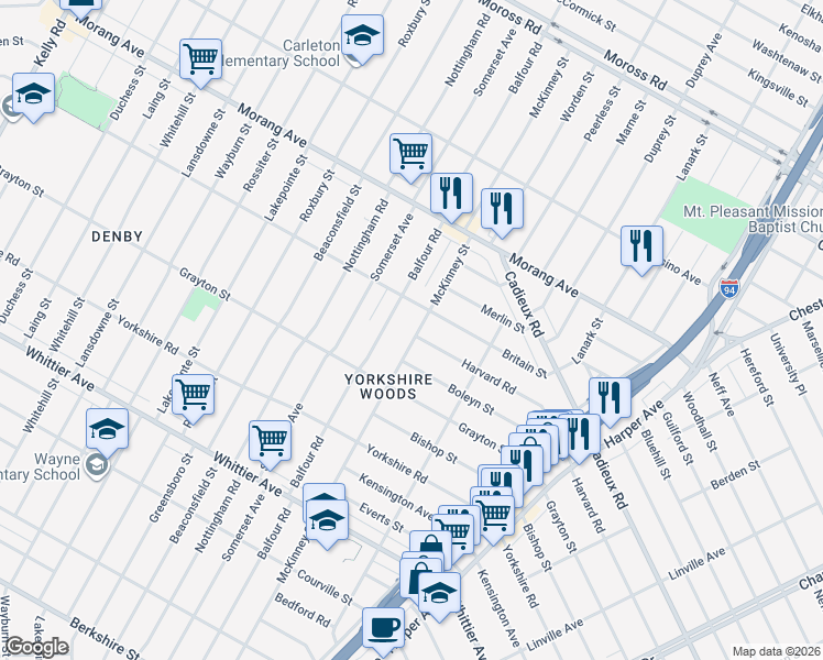map of restaurants, bars, coffee shops, grocery stores, and more near 10603 McKinney Street in Detroit