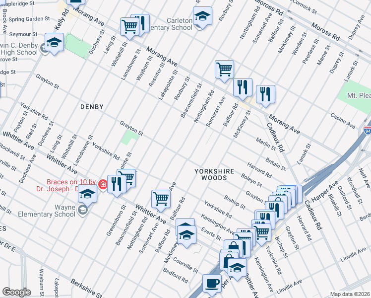 map of restaurants, bars, coffee shops, grocery stores, and more near 10842 Nottingham Road in Detroit
