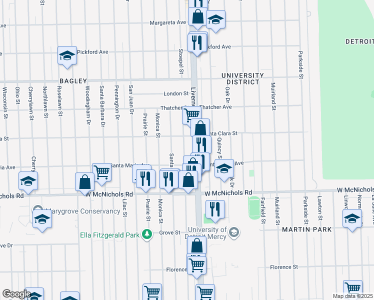 map of restaurants, bars, coffee shops, grocery stores, and more near 17370 Stoepel Street in Detroit