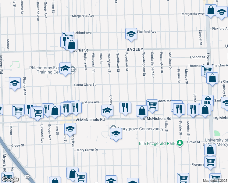 map of restaurants, bars, coffee shops, grocery stores, and more near 17377 Northlawn Street in Detroit