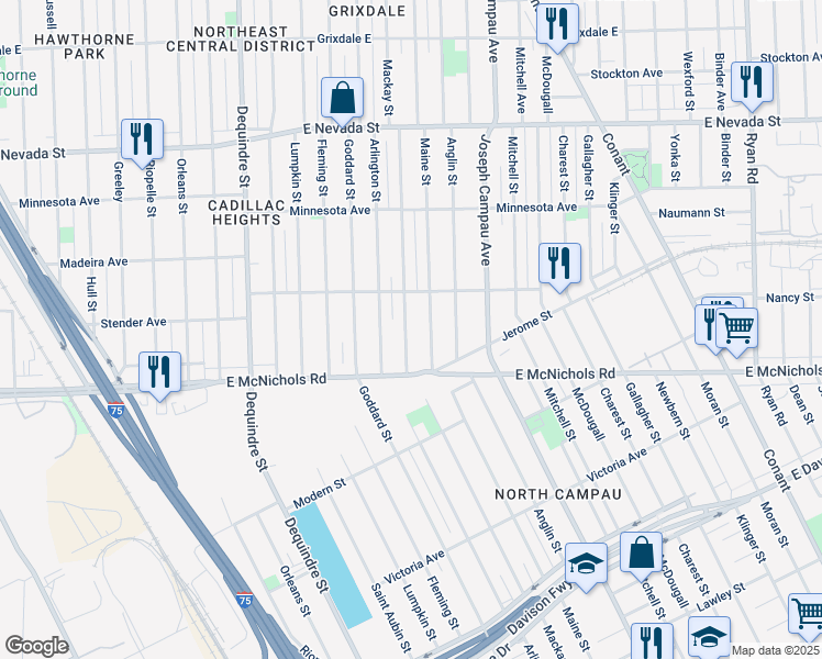 map of restaurants, bars, coffee shops, grocery stores, and more near 17186 Mackay Street in Detroit