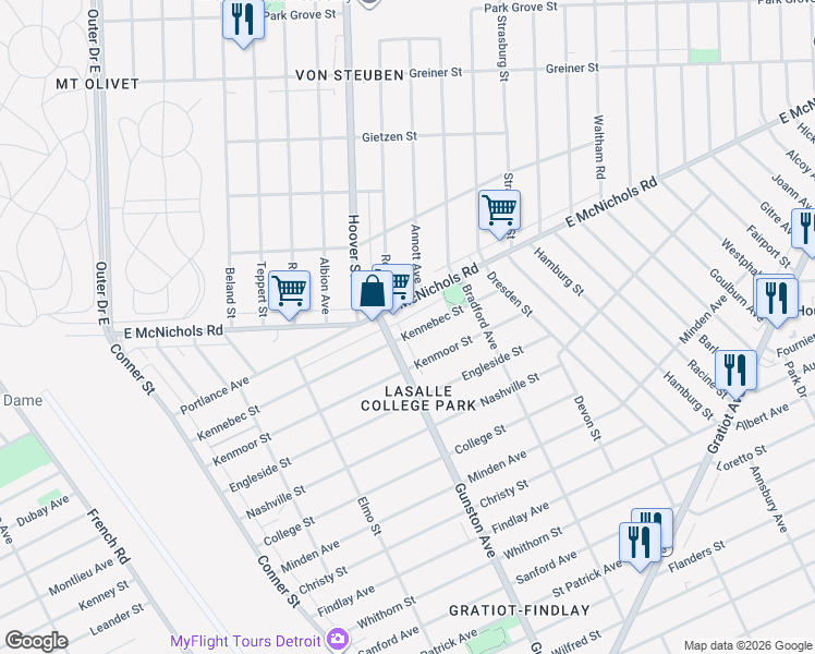 map of restaurants, bars, coffee shops, grocery stores, and more near 11735 Kennebec Street in Detroit