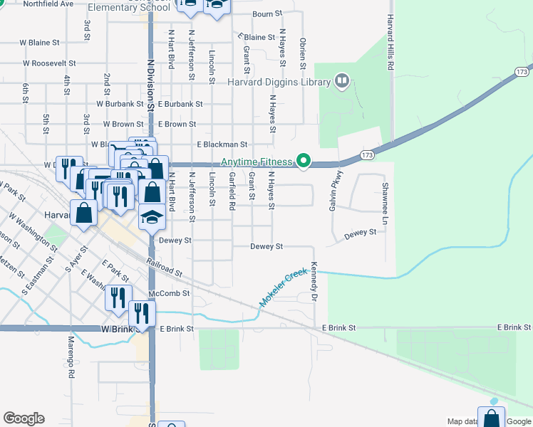 map of restaurants, bars, coffee shops, grocery stores, and more near 208 North Hayes Street in Harvard