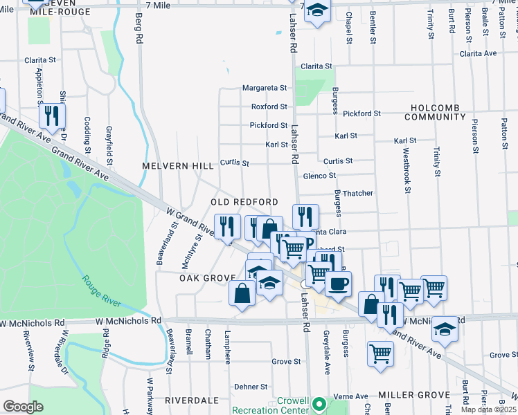map of restaurants, bars, coffee shops, grocery stores, and more near 22130 Willmarth Avenue in Detroit