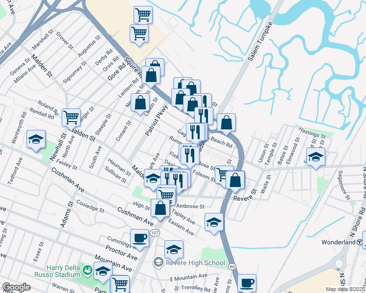 map of restaurants, bars, coffee shops, grocery stores, and more near 32 Rumney Road in Revere