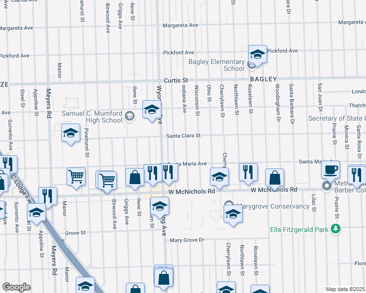 map of restaurants, bars, coffee shops, grocery stores, and more near 17377 Indiana Street in Detroit