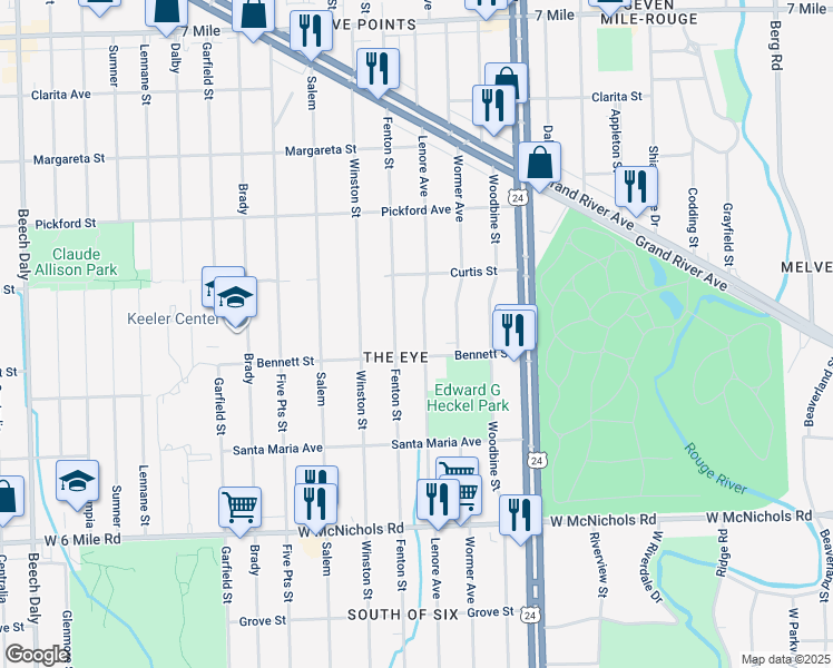 map of restaurants, bars, coffee shops, grocery stores, and more near 17639 Lenore Avenue in Detroit
