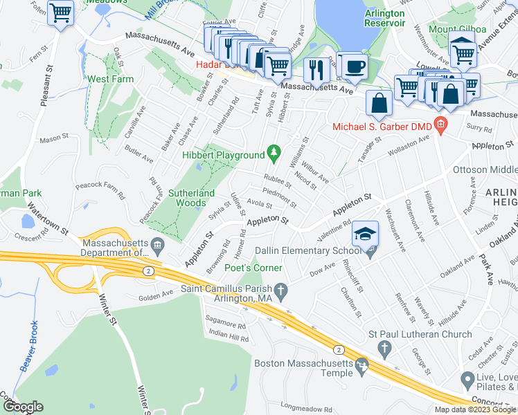 map of restaurants, bars, coffee shops, grocery stores, and more near 30 Avola Street in Arlington