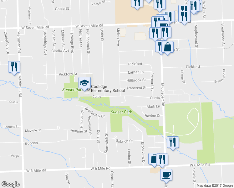 map of restaurants, bars, coffee shops, grocery stores, and more near 18191 Melvin Avenue in Livonia