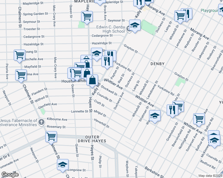 map of restaurants, bars, coffee shops, grocery stores, and more near 11390 Stockwell Street in Detroit