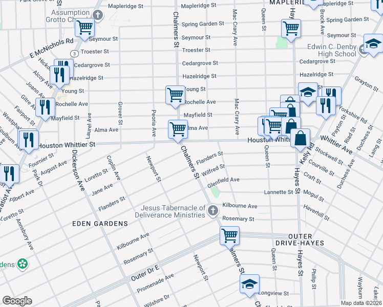 map of restaurants, bars, coffee shops, grocery stores, and more near 11546 Chalmers Street in Detroit
