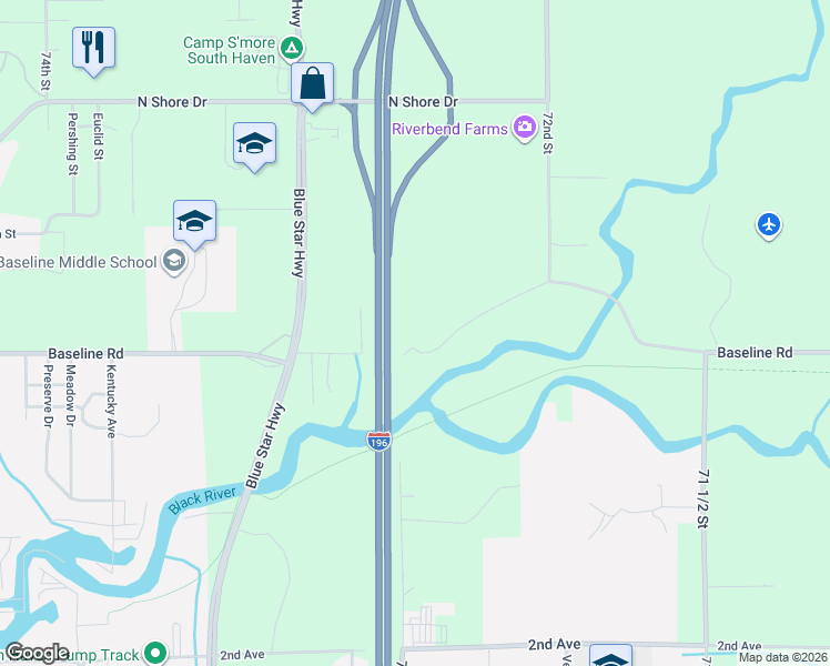 map of restaurants, bars, coffee shops, grocery stores, and more near 7265 Baseline Road in South Haven