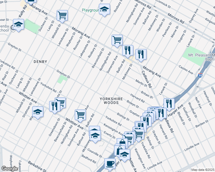 map of restaurants, bars, coffee shops, grocery stores, and more near 10685 Balfour Road in Detroit