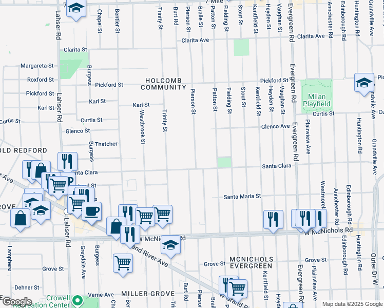 map of restaurants, bars, coffee shops, grocery stores, and more near 17561 Pierson Street in Detroit