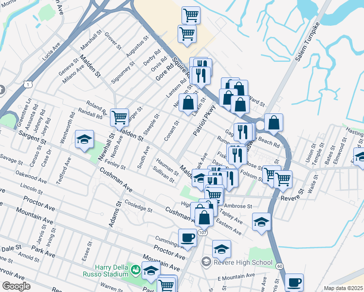 map of restaurants, bars, coffee shops, grocery stores, and more near 38 Patriot Parkway in Revere