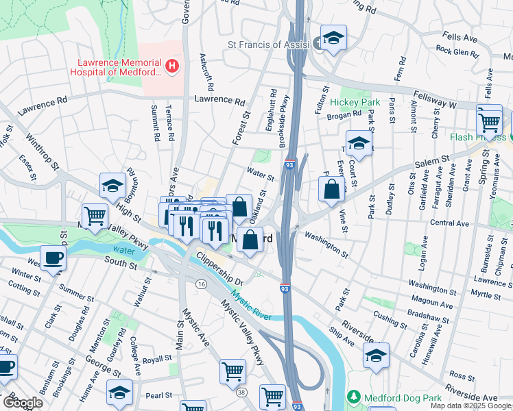 map of restaurants, bars, coffee shops, grocery stores, and more near 34 Oakland Street in Medford