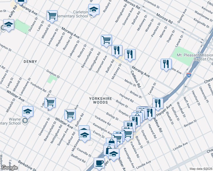 map of restaurants, bars, coffee shops, grocery stores, and more near 10603 McKinney Street in Detroit