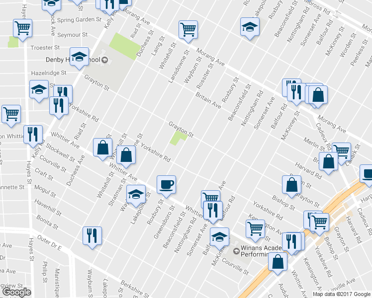 map of restaurants, bars, coffee shops, grocery stores, and more near 11070 Lakepointe Street in Detroit