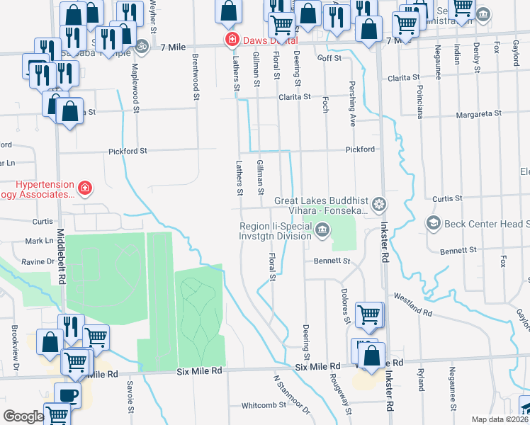 map of restaurants, bars, coffee shops, grocery stores, and more near 10101 Floral Street in Livonia