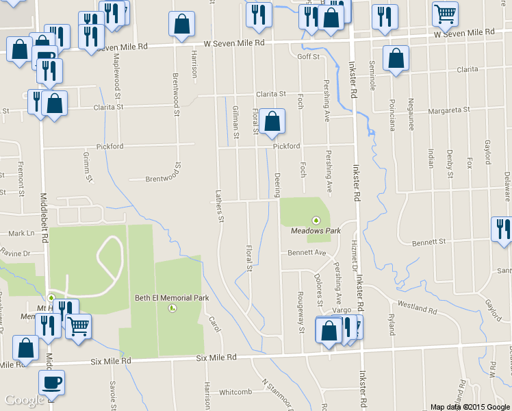 map of restaurants, bars, coffee shops, grocery stores, and more near 18180 Floral Street in Livonia