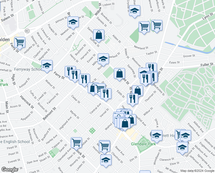 map of restaurants, bars, coffee shops, grocery stores, and more near 49 Carlson Street in Everett