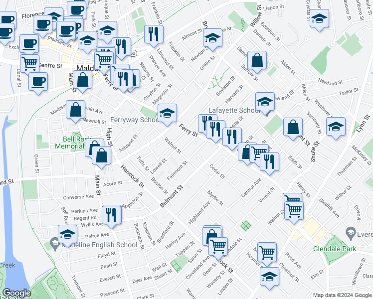 map of restaurants, bars, coffee shops, grocery stores, and more near 11 Winthrop Street in Malden