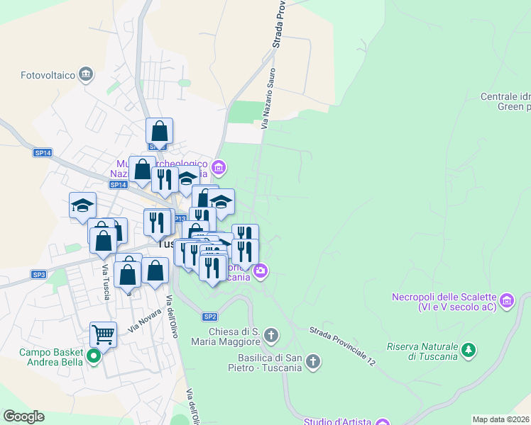 map of restaurants, bars, coffee shops, grocery stores, and more near 20 Via Don Dario Nardi in Provincia di Viterbo