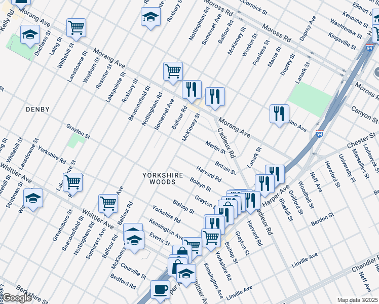 map of restaurants, bars, coffee shops, grocery stores, and more near 10399 Britain Street in Detroit