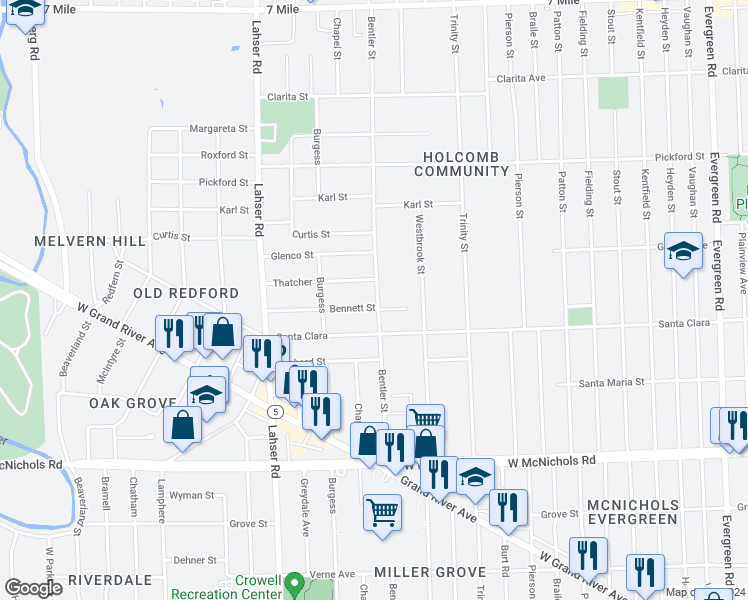 map of restaurants, bars, coffee shops, grocery stores, and more near 21400 Bennett Street in Detroit